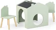 HONEY JOY Kids Table and Chairs Set, 3 Pieces Wooden Table Set for Toddler w/Blackboard, Children Activity Table & 2 Chairs for Arts, Crafts, Reading, Drawing, House-Shaped Table Furniture Set (Green)
