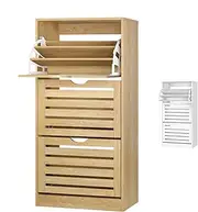 ALFORDSON 3-Tier Shoe Cabinet Rack with Flip-up Slatted Doors, Free Stranding Footwear Storage Chest with Adjustable Shelves, Footgear Organiser 60 x 29.5 x 121.5 cm, Wood