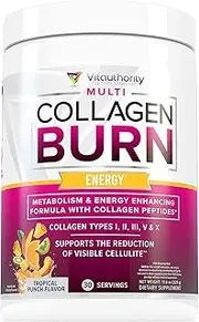 Multi Collagen Burn: Multi-Type Hydrolyzed Collagen Protein Peptides with Hyaluronic Acid, Vitamin C, SOD B Dimpless, Types I, II, III, V and X Collagen, with Caffeine