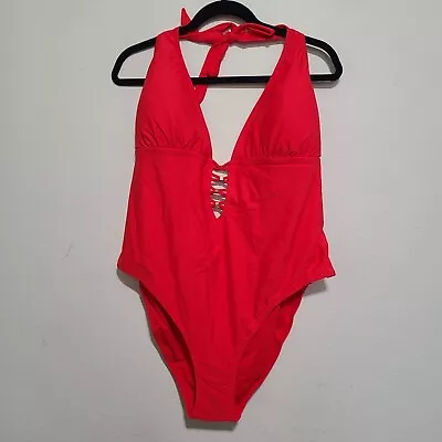 City Chic CCX Gidget Padded Lattice Halter One Piece Swimsuit Size XL/22 Red