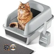 Enclosed Stainless Steel Cat Litter Box With Lid, Extra Large, Non-Sticky, Anti-Leakage, Easy Cleaning, Includes Mat & Scoop, Light Gray, XL