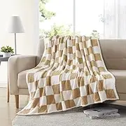 OTOSTAR Checkered Throw Blanket Knitted Soft Luxurious Warm Microfiber Cozy Checkerboard Grid Reversible Blanket for Couch Comfort Plush Fluffy Blanket for Bed Sofa Travel 60x80 Inches (Khaki)