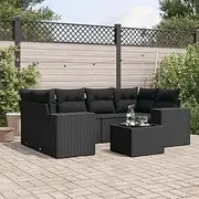 7 Piece Garden Sofa Set with Cushions Black Poly Rattan, Conversation Sets