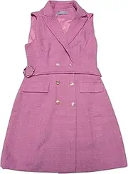 [Hobemty] Women's Sleeveless Tweed Dress Collared Belted Button Down Work Blazer Dresses
