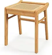 Giantex Bamboo Vanity Stool, Rattan Top Ottoman Footrest w/Anti-Slip Foot Pads, Sitting Stool w/Reinforcement Bar, Small Foot Stool Make-up Stool for Dressing Room Living Room Bedroom, GIANT11088VJAN