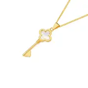 9ct Gold Mother Of Pearl Clover Key Pendant in White