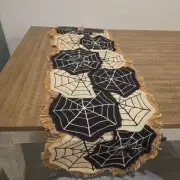 Cynthia Rowley Halloween Creepy Spider Web & Spiders 14 X 52 Burlap Table Runner