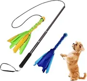 Dog Flirt Stick, Extendable Teasing Wand, 10.24x1.97x1.57 inches/ 14.17x2.36x1.57in Puppy Chasing Pole with 2 Detachable Rope Tugs, Rope Tug Dog Toy for Outdoor Exercise and Training