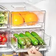 SYAMEET 2 Pack Clear Stackable Fridge Drawers,Pull Out Fridge Organiser Bins with Lids、Drain Tray and Drawer,Large Food Container Storage Box for Fruit & Vegetable Storage (2 pack large size)