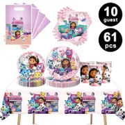 Gabby's Dollhouse Theme Birthday Party 10 Guest Tableware Set Plates Cups Napkins Tablecloth Loot Bags