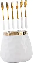 KOCKSHION 1 Set Stainless Steel Dessert Fork and Spoon Set with Ceramic Storage Jar Forks and Spoons for Kitchen Use for Parties Restaurants and Home Dining