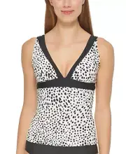 DKNY Women's White Leopard Print Tankini Top - L - White