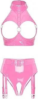[GRRKDFQ] Women's Erotic Teddies & Bodysuits Open Cup Rivet Crop Top with Crotchless Garter Underwear
