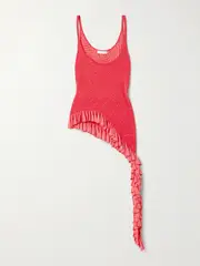 [Ulla Johnson] Ulla Johnson - Kendra Asymmetric Ruffled Two-tone Pointelle-knit Tank - Red - small small Red