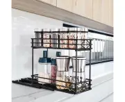 Sliding Spice Organizer with 2 Levels, Kitchen Storage with Hooks for Under-Sink Use (Black)