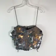 Alice + Olivia NWT Ceresi Embellished Bandeau Cropped Top Silver Disc Size 12