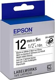 Epson LabelWorks Iron-on LK (Replaces LC) Tape Cartridge ~1/2" Black on White (LK-4WBQ) - for use with LabelWorks LW-300, LW-400, LW-600P and LW-700 Label Printers