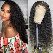 Deep Wave Curly Lace Front Wig Long Black Curly Wig Synthetic Glueless Lace Front Wigs for Black Women (20Inch)