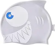 Kids Swim Cap, Silicone Bathing Hat, Cartoon Shark Design, Waterproof Ear Protection Stretch Fit Comfort Blue Ideal for Pool and Beach Use, 8.27 x 7.68 inches