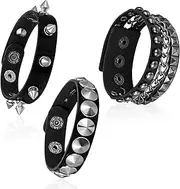 [HJZHII] 3PCS Leather Punk Rock Bracelets, Retro 80s Spiked Leather Cuff Bracelet Adjustable Steampunk Wristband Studded Wide Wristband for Men Women Party Accessories