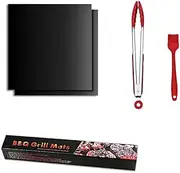 Premium BBQ Grill Mat Set, Reusable and Non-Stick Teflon Coated, Heat Resistant Fiberglass, Ideal for Meat and Barbecue Parties, Easy-to-Clean - Includes Bonus Accessories, 15.75 x 13 Inch