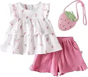 [DAVE & BELLA] DAVE&BELLA Toddler Girls Summer Short Set Ruffle Sleeve Dress Top Pink Shorts Set Cotton Outfits with Strawberry Bag 3Pcs Set