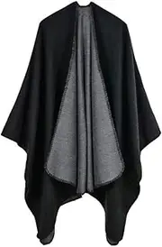 [Alexvyan] Black Grey Reversable Women's Warm Winter Knitted Shawl Ruana Wraps Wrap Cape Winter Sweaters Open Front Poncho cape Open Coat for Female Girl Women, Black, One size