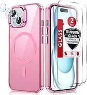 LeYi for iPhone-15 Phone Case: Slim Support Magnetic Charging with 2 X Screen Protection & Camera Lens Protector, Anti -Sratch Shockproof Military-Grade Translucent para iPhone 15 Case, Pink