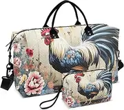 [YXYZRMY] Retro Rooster Florals Travel Duffel Bag Gym Bag Sports Tote Bag with Multiple Interior Pockets Shoulder Weekender Bag for Women Men with Toiletry Bag 20.5”x 7.9”x 13.8”, Multi-Colored, one