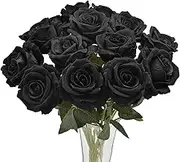 Avoik Artificial Flowers Rose Bouquet Black 50cm Fake Silk Flower Roses with Stem Realistic Rose Faux Flowers for Wedding Party Halloween Home Decor Table Decoration, 12pcs (Black)