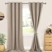 DWCN Extra Long Curtains 100% Blackout Fabric Curtains for Sliding Glass Door, Textured Faux Linen Curtains with 2 Tie Backs, Grommet Thermal Curtains 108 Inches - Light Brown, 52W x 108L Inch, 1 Pair