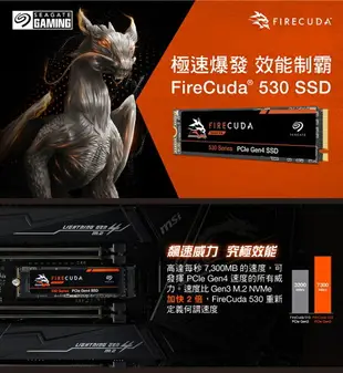 【最高折200+跨店點數22%回饋】Seagate 火梭魚 FireCuda 530 4TB/2TB/1TB/500GB Gen4 PCIe 4.0固態硬碟
