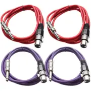 Four 1/4" to XLR Female Patch Cables 6' Extension Cords Jumper - Various Colors