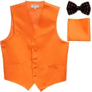New Men's Vest Tuxedo Waistcoat Orange Polka Dots Bowtie & Solid Hankie set