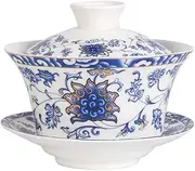 Chinese Porcelain Teacups 10oz Gaiwan Peony Lotus Flower Tureen Tradition Sancai Cover Bowl Lip Cup Saucer Tea Set (Louts with Golden)