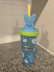 Peeps Easter Bunny Plastic Cup Blue Green With Lid Yellow Straw Tumbler Cup