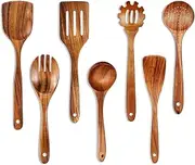CATZONS Wooden Spoons for Cooking, Teak Wooden Kitchen Utensil Set - with Holder & Spoon Rest, Smooth Finish Comfort Grip Teak Wooden Spatula Set, 7 PCS Set
