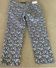 BNWT Uniqlo Blue Floral Satin Floral Stretch Cotton Capri Pants Size XL 12-14