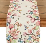 Flowers Bird Butterfly Spring Table Runner, Seasonal Kitchen Dining Table Decora