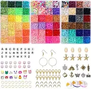 Clay Beads for Jewelry Bracelet Necklace Making Kit, Coxedafi 13600 Pcs Flat Round Polymer Clay Beads with Elastic Strings Pendant Charms Kit