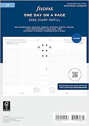 Filofax Calendar Diary Refill, A5 Size, Day on One Page with Appointments, White Paper, Multilingual: Five Languages, 2025 (C68515-25)