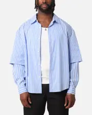 [XXIII] Xxiii Double Layer Stripe Button Up Shirt Blue/white - Size M M Blue/White