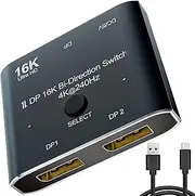 Tunghey DisplayPort Switch 2.0 - 2 in 1 Out Bi-Directional Splitter, 16K@60Hz 4K@120Hz Support for PC, Host, Monitor, Laptop