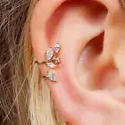 14k Yellow Gold Moissanite Leaf Ear Cuff Fake Helix Piercing Cartilage Earrings