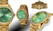NEW Jeanneret 2003 Women's Rosetta Crystal Accent Green Dial Gold Bracelet Watch