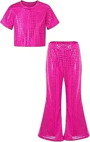 [Jugaoge] Kids Girls Shiny Sequins Jazz Hip Hop Dance Costume Crop Top with Flared Pants Outfits for Disco Performance
