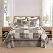 QuiltMuse Oversized King Bedspread 128"x120" - 100% Cotton Lightweight California King Quilt with 2 Pillowshams, Farmhouse Plaid Extra Wide Quilted Bedding Bed Spreads Coverlet, Brown/Beige/Khaki