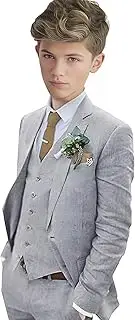 [optkeat] Boys Linen Suit Boys Tuxedo Slim Fit 3 Piece Summer Suit Kids Linen Suit Jacket Vest Pant