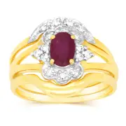 0.55 Carat Natural Ruby & 16 Diamond Bridal Set 3-Ring in 9ct Yellow Gold, M