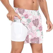 [GuoChe] Mens Short Swim Trunks Men's 2In1 Workout Shorts Valentine's Day Pastel Colors Flowers Pink with Liner Bathing Suit, Valentine's Day Pastel Colors Flowers Pink, Medium